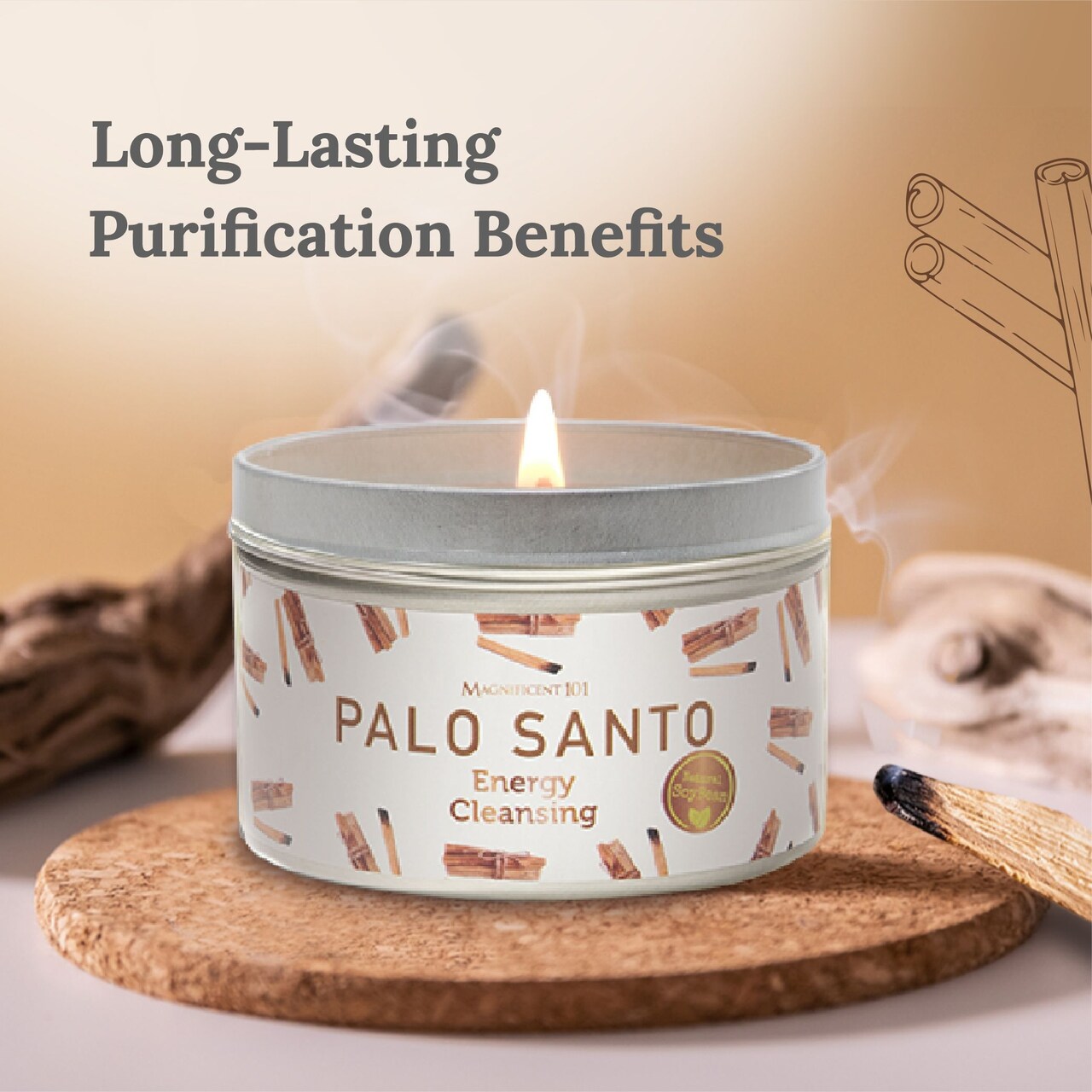 Magnificent 101 Long Lasting Palo Santo Smudge Candle | 6 Oz - 35-Hour Burn | Essential Oils, 100% Natural Ingredients | Smoke Free, Petroleum Free Candle to Cleanse Your Home